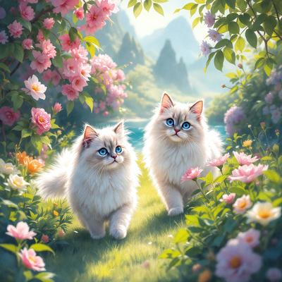 The primary subject of the image is two white cats walking through a field of flowers. The setting is a lush, colorful garden with a variety of flowers, creating a serene and picturesque environment. The visual style of the image is a digital art or illustration, showcasing the cats and the flowers in a vibrant and detailed manner. The colors and mood of the image are predominantly warm and inviting, with the cats and flowers creating a sense of tranquility and beauty.